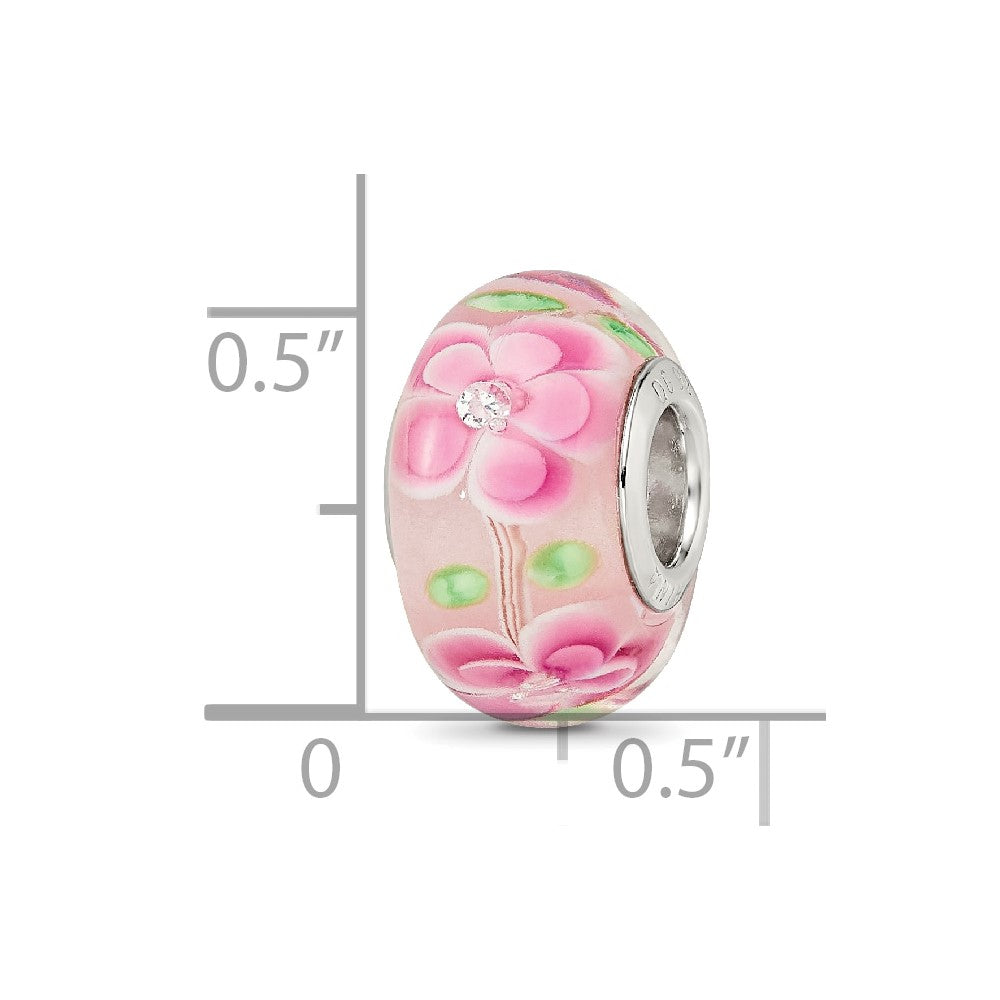 Sterling Silver Reflections Rhodium-plated CZ Pink Floral Glass Bead