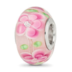Sterling Silver Reflections Rhodium-plated CZ Pink Floral Glass Bead