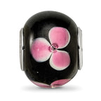 Sterling Silver Reflections Rh-plated Pink Floral Black Glass Bead
