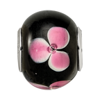 Sterling Silver Reflections Rh-plated Pink Floral Black Glass Bead