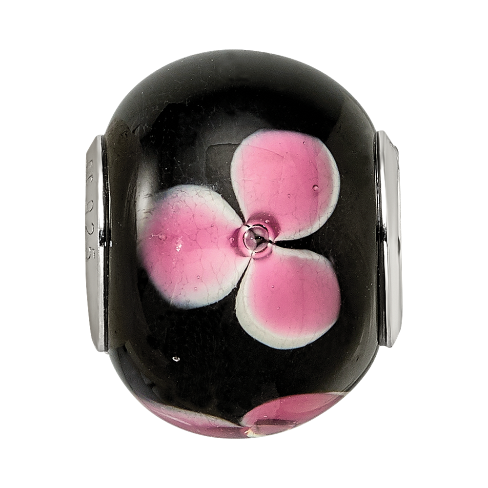 Sterling Silver Reflections Rh-plated Pink Floral Black Glass Bead