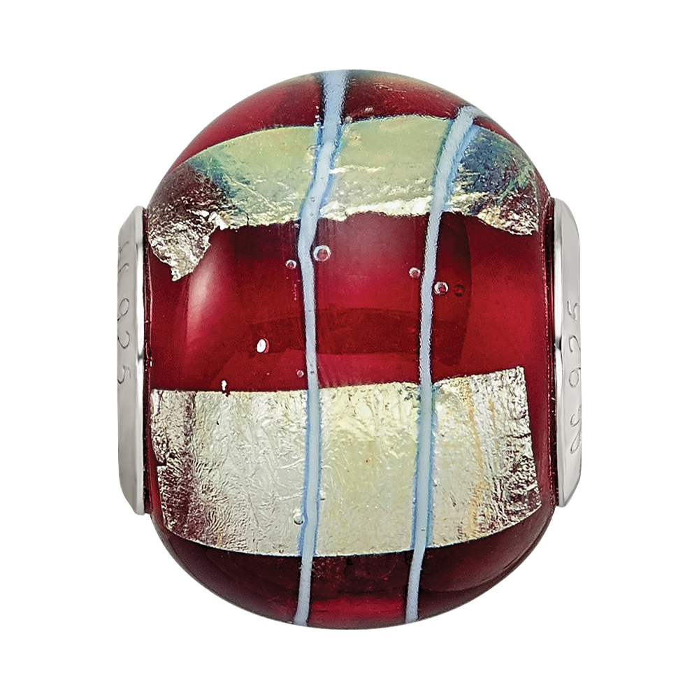 Sterling Silver Reflections Rhodium-plated Foil Striped Red Glass Bead