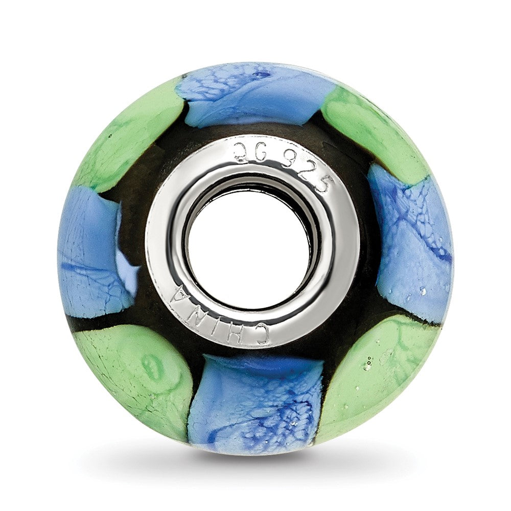 Sterling Silver Reflections Rh-plated Blue and Green Dot Black Glass Bead