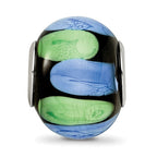 Sterling Silver Reflections Rh-plated Blue and Green Dot Black Glass Bead