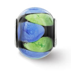 Sterling Silver Reflections Rh-plated Blue and Green Dot Black Glass Bead