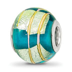 Sterling Silver Reflections Rh-plated Foil Pink Striped Blue Glass Bead