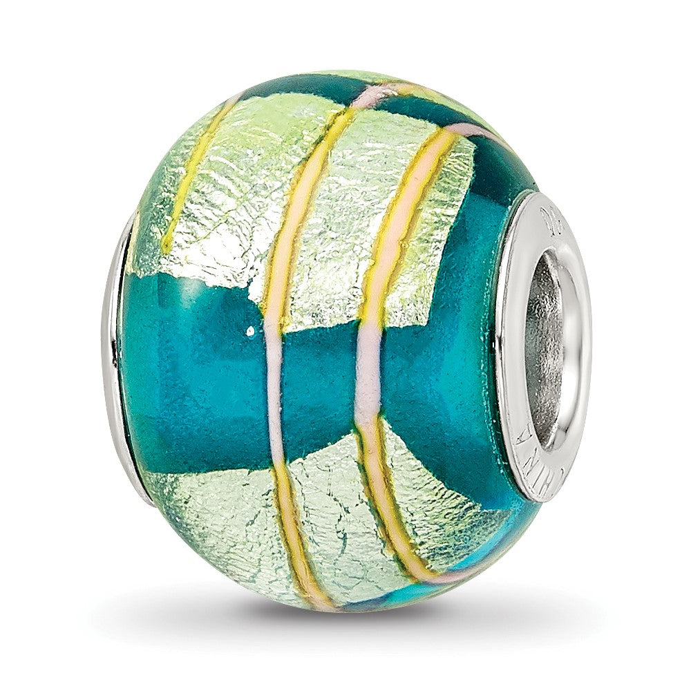 Sterling Silver Reflections Rh-plated Foil Pink Striped Blue Glass Bead