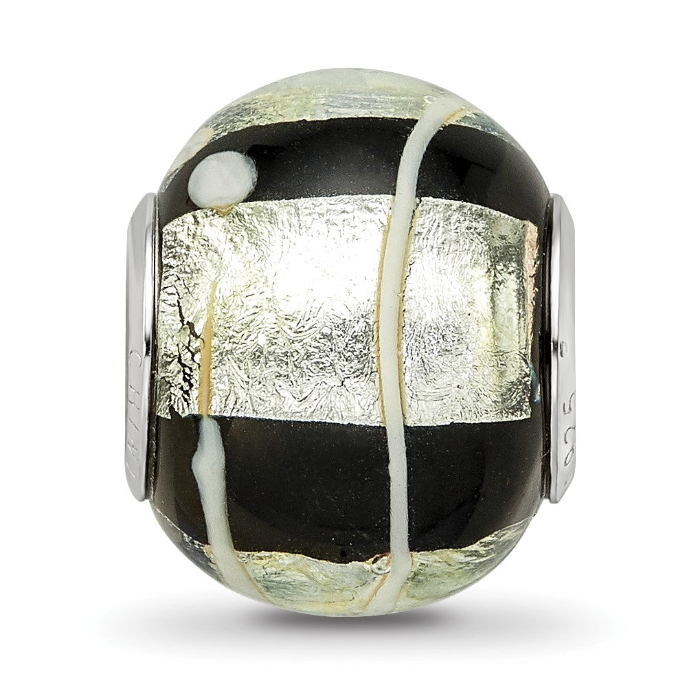 Sterling Silver Reflections rh-plated Foil White Striped Black Glass Bead