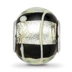 Sterling Silver Reflections rh-plated Foil White Striped Black Glass Bead