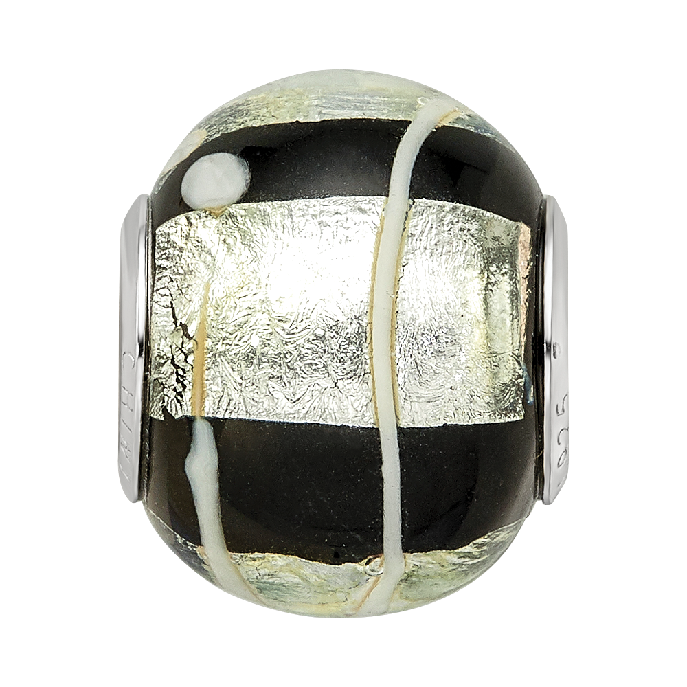 Sterling Silver Reflections rh-plated Foil White Striped Black Glass Bead