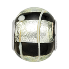 Sterling Silver Reflections rh-plated Foil White Striped Black Glass Bead