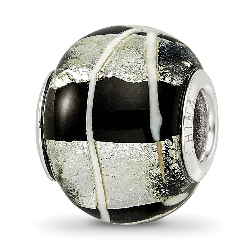Sterling Silver Reflections rh-plated Foil White Striped Black Glass Bead
