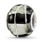Sterling Silver Reflections rh-plated Foil White Striped Black Glass Bead