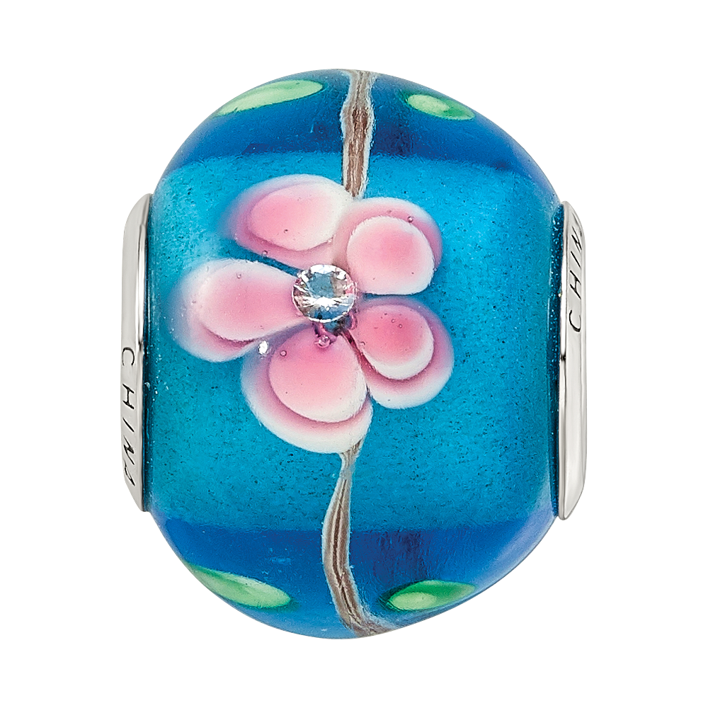 Sterling Silver Reflections rh-plated CZ Blue & Pink Floral Blue Glass Bead