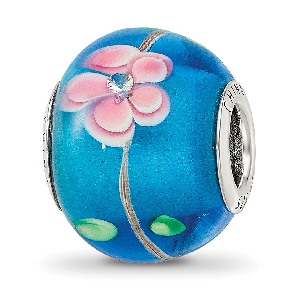 Sterling Silver Reflections rh-plated CZ Blue & Pink Floral Blue Glass Bead