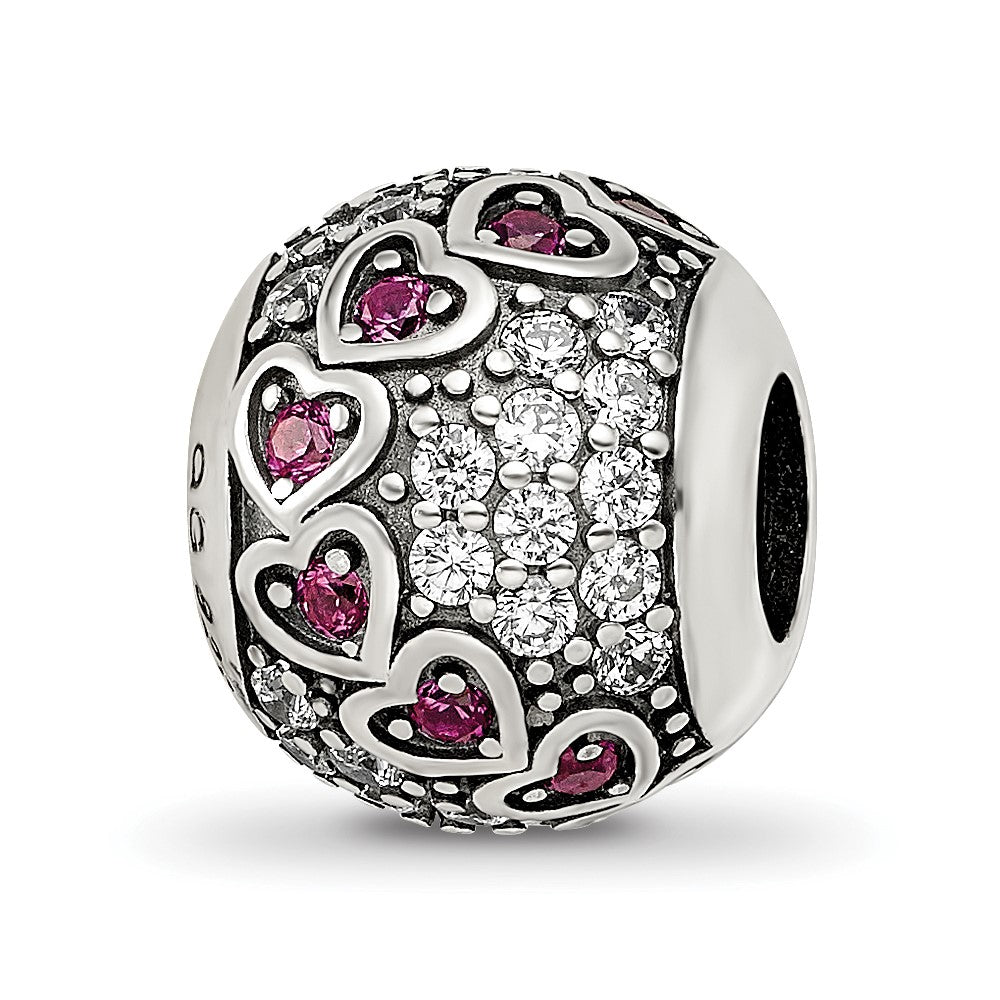 Sterling Silver Reflections Antiqued CZ & Red Corundum Hearts Bead
