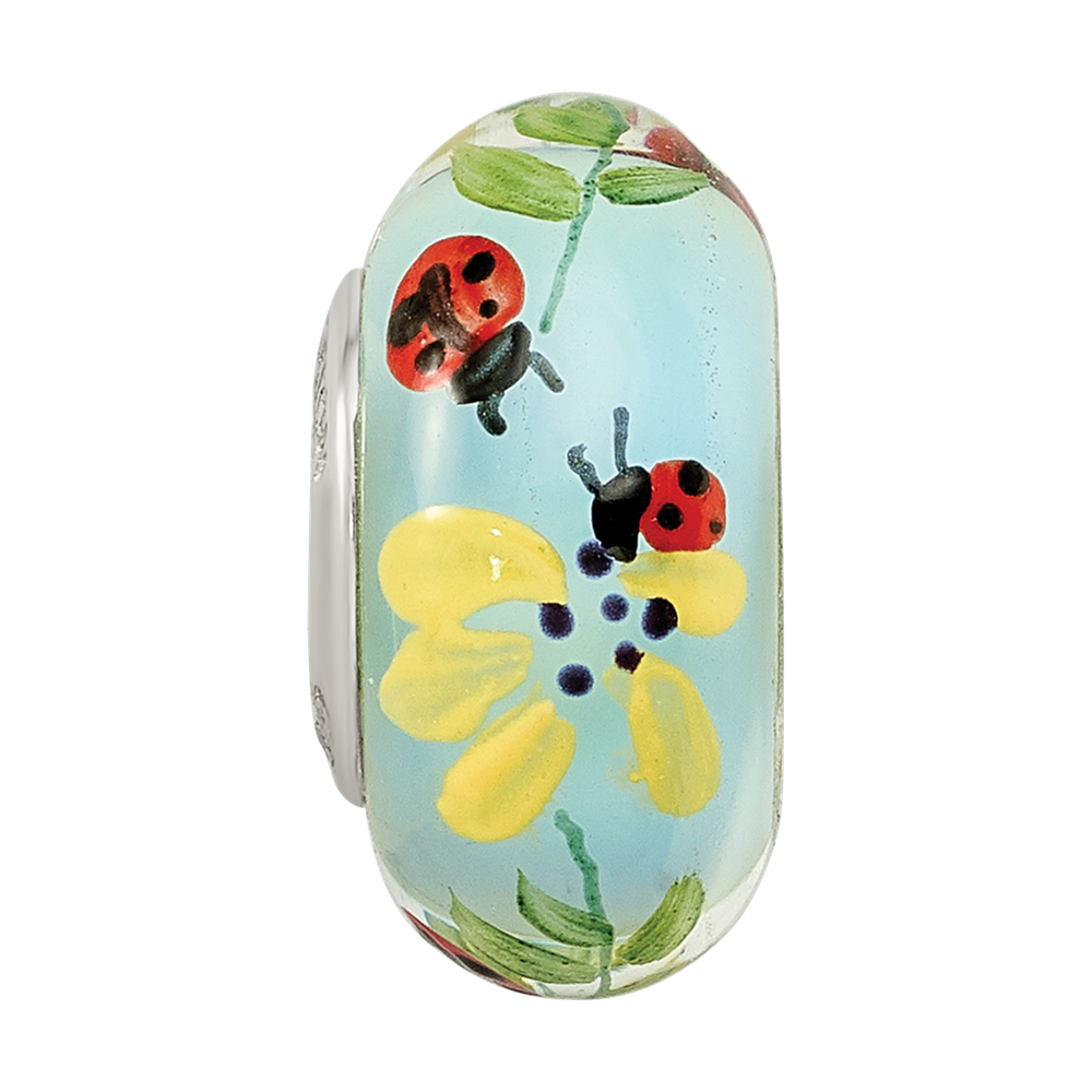 Ster.Silver Reflections Hand Painted Lady Bug Love Fenton Glass Bead