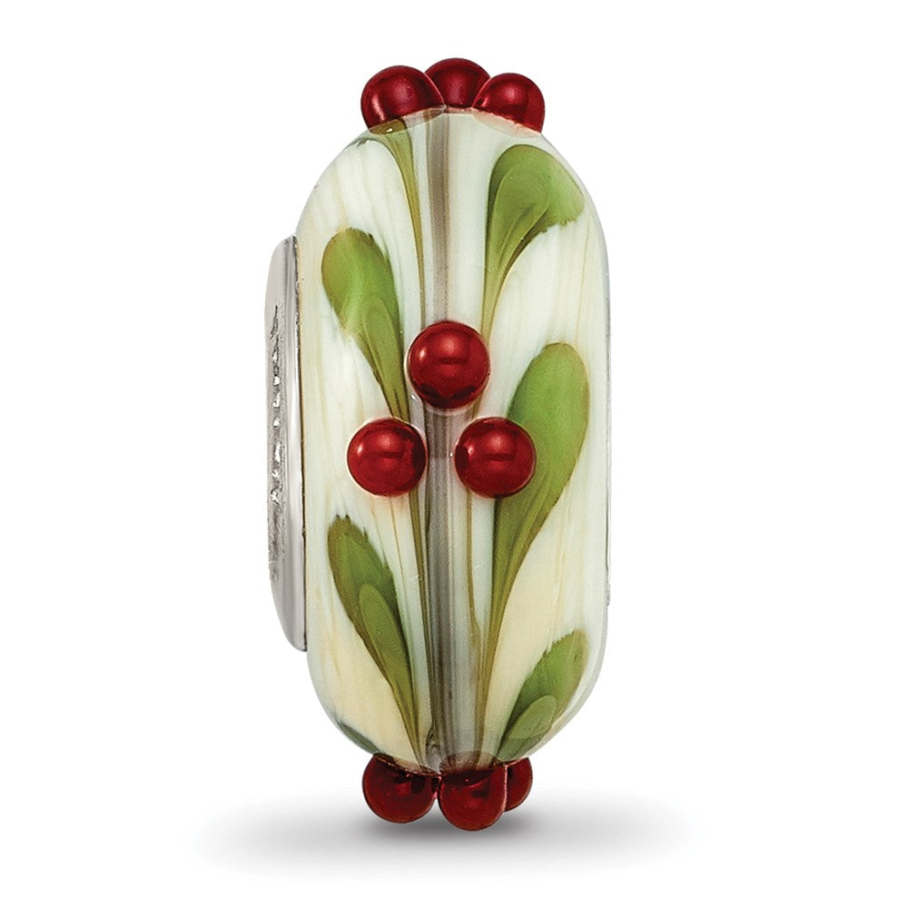 Ster.Silver Reflections Hand Paint Magical Holly-Days Fenton Glass Bead