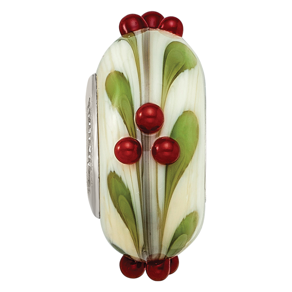Ster.Silver Reflections Hand Paint Magical Holly-Days Fenton Glass Bead