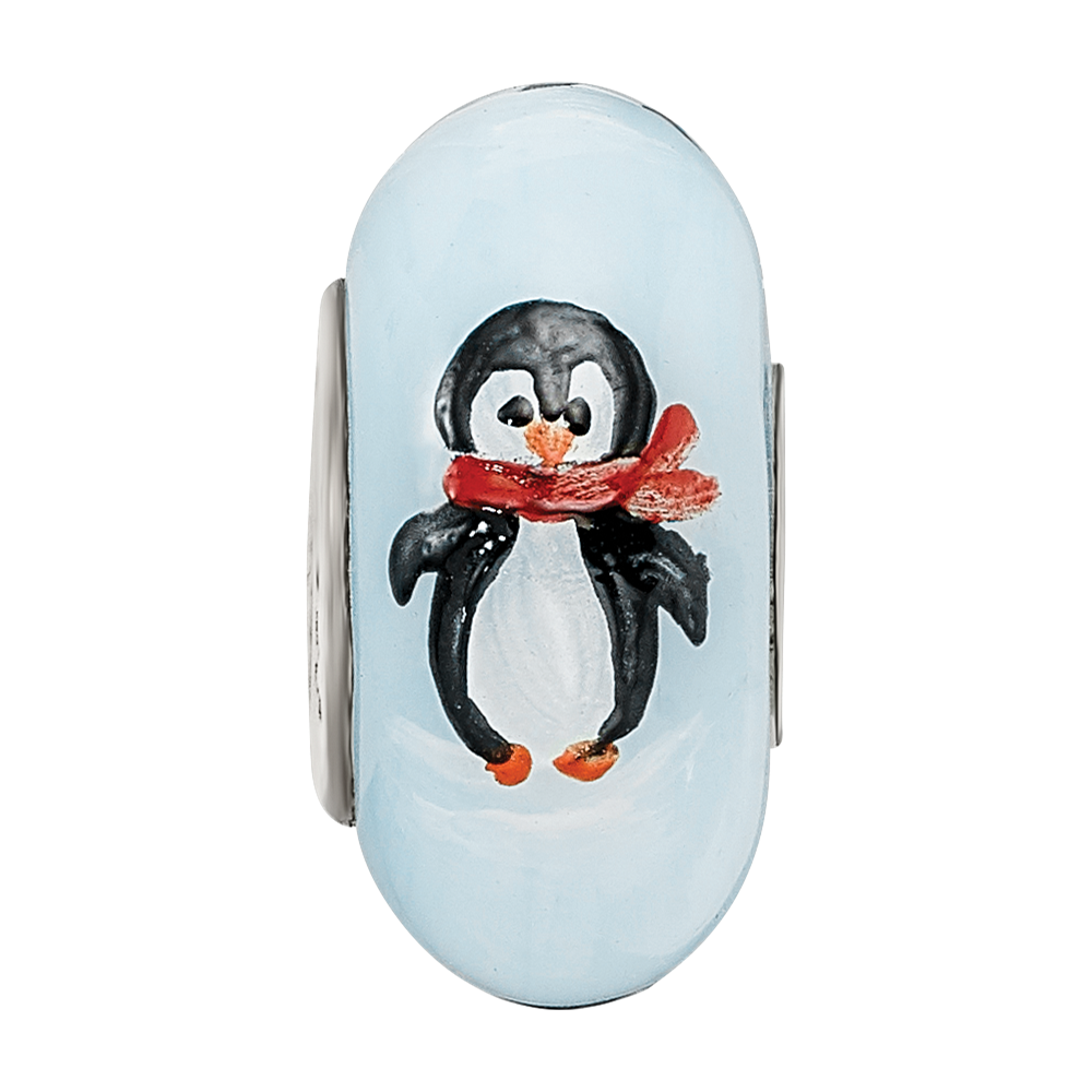Ster.Silver Reflections Hand Painted Penguin Frolic Fenton Glass Bead