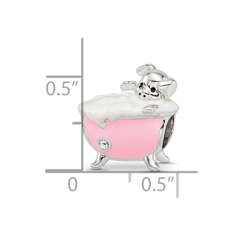 Sterling Silver Reflections Rh-plated Pink Enamel & CZ Pig In Bathtub Bead