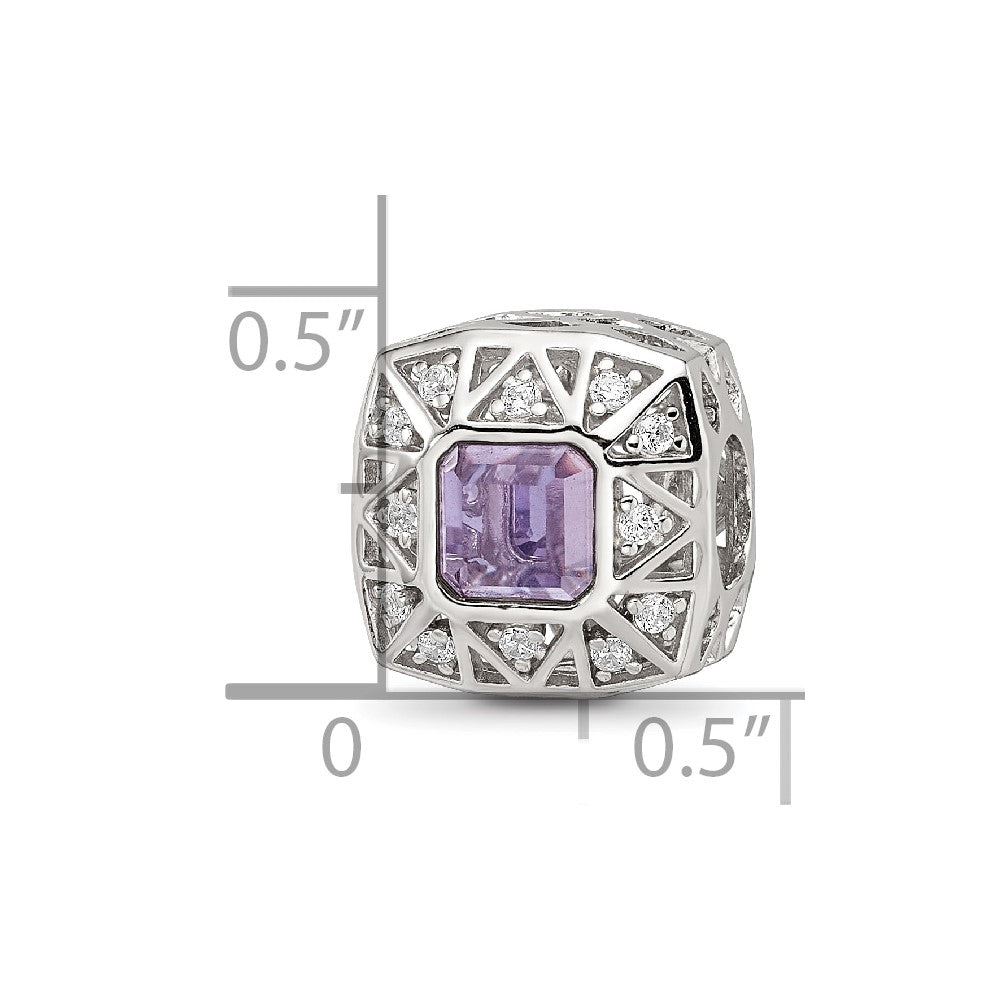 Sterling Silver Reflections Rh-plated Purple & CZs Cut Out Square Bead