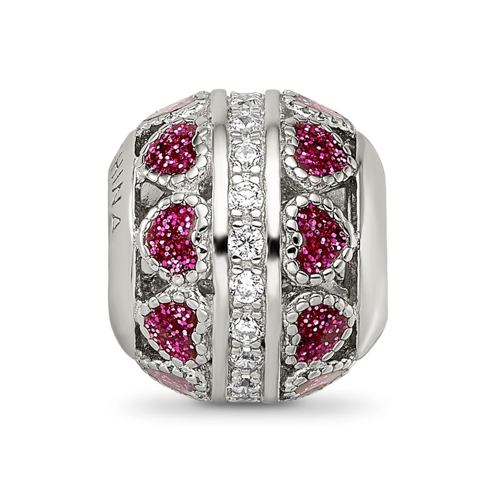 Sterling Silver Reflections Rh-plated Pink Enamel Hearts & CZ Circle Bead