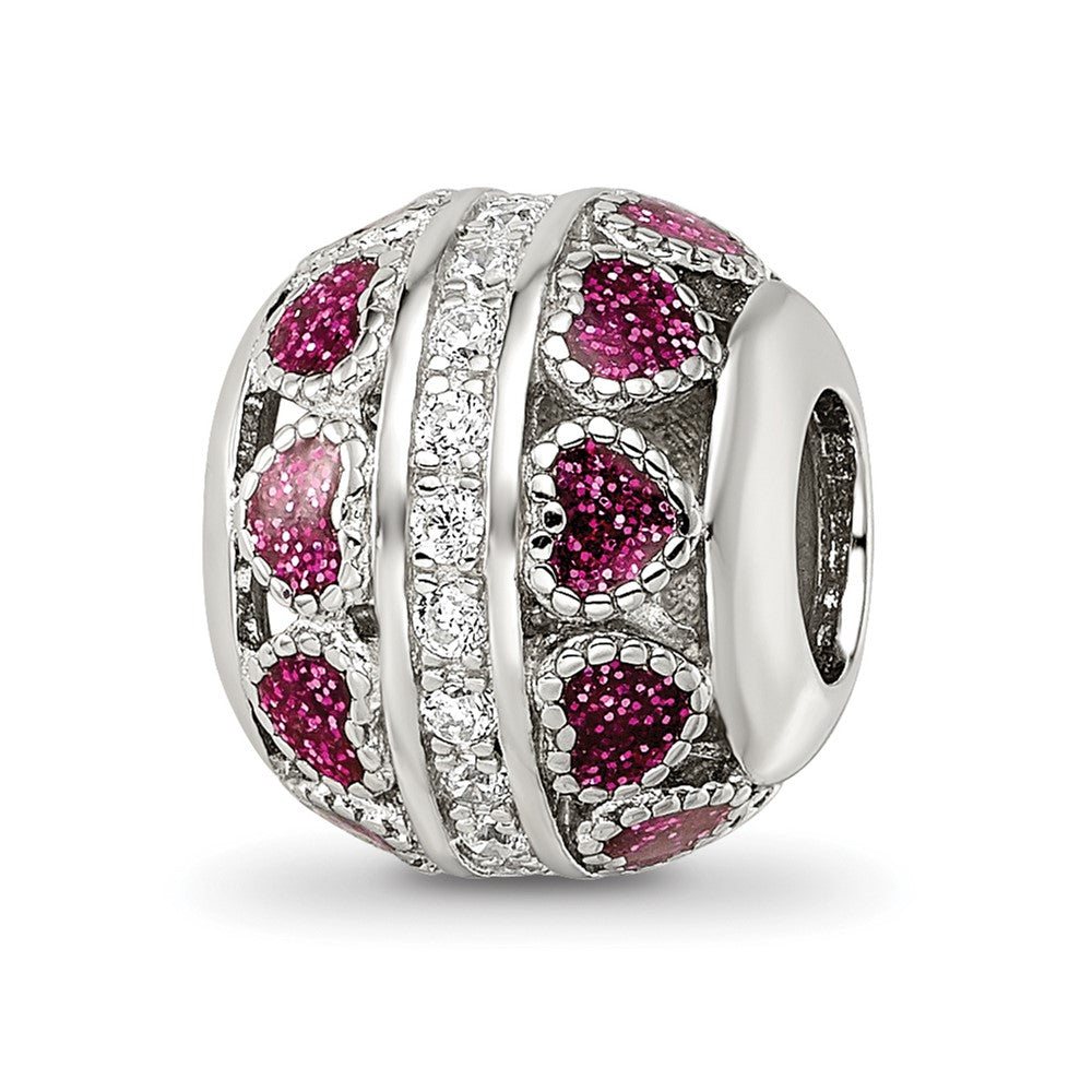 Sterling Silver Reflections Rh-plated Pink Enamel Hearts & CZ Circle Bead