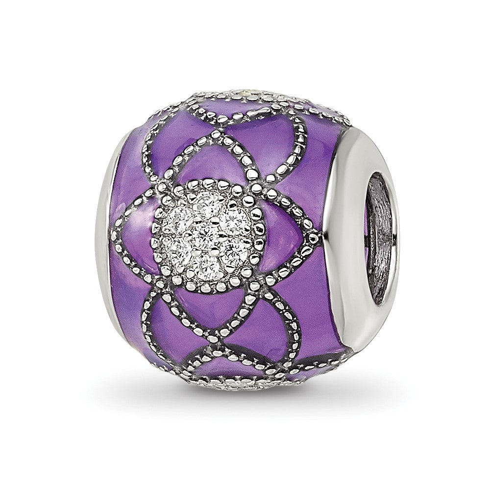Sterling Silver Reflections Rh-plated CZs Purple Enameled Bead