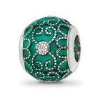 Sterling Silver Reflections Rh-plated CZs Green Enameled Bead
