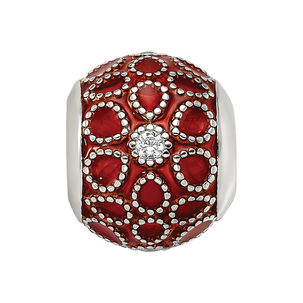 Sterling Silver Reflections Rh-plated CZs Orange Enameled Bead
