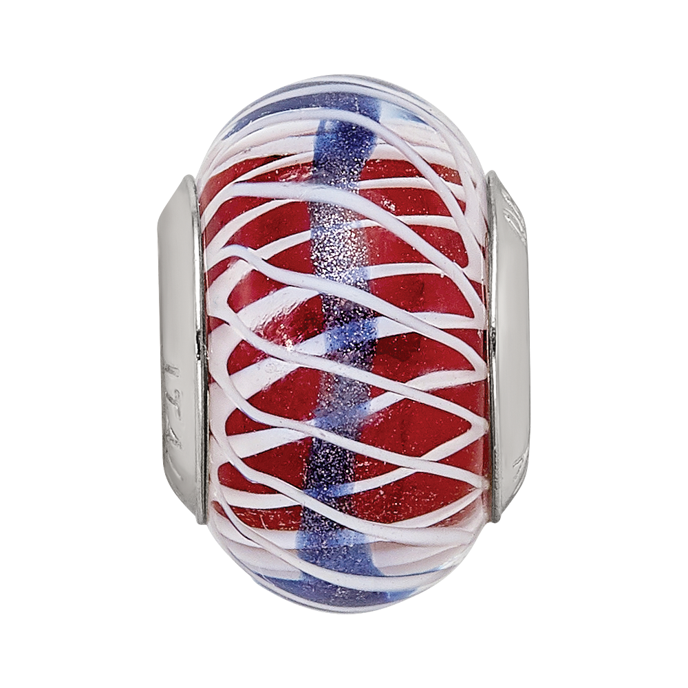 Sterling Silver Reflections Pink and White Weaved Glass w/Blue Stripe Bead