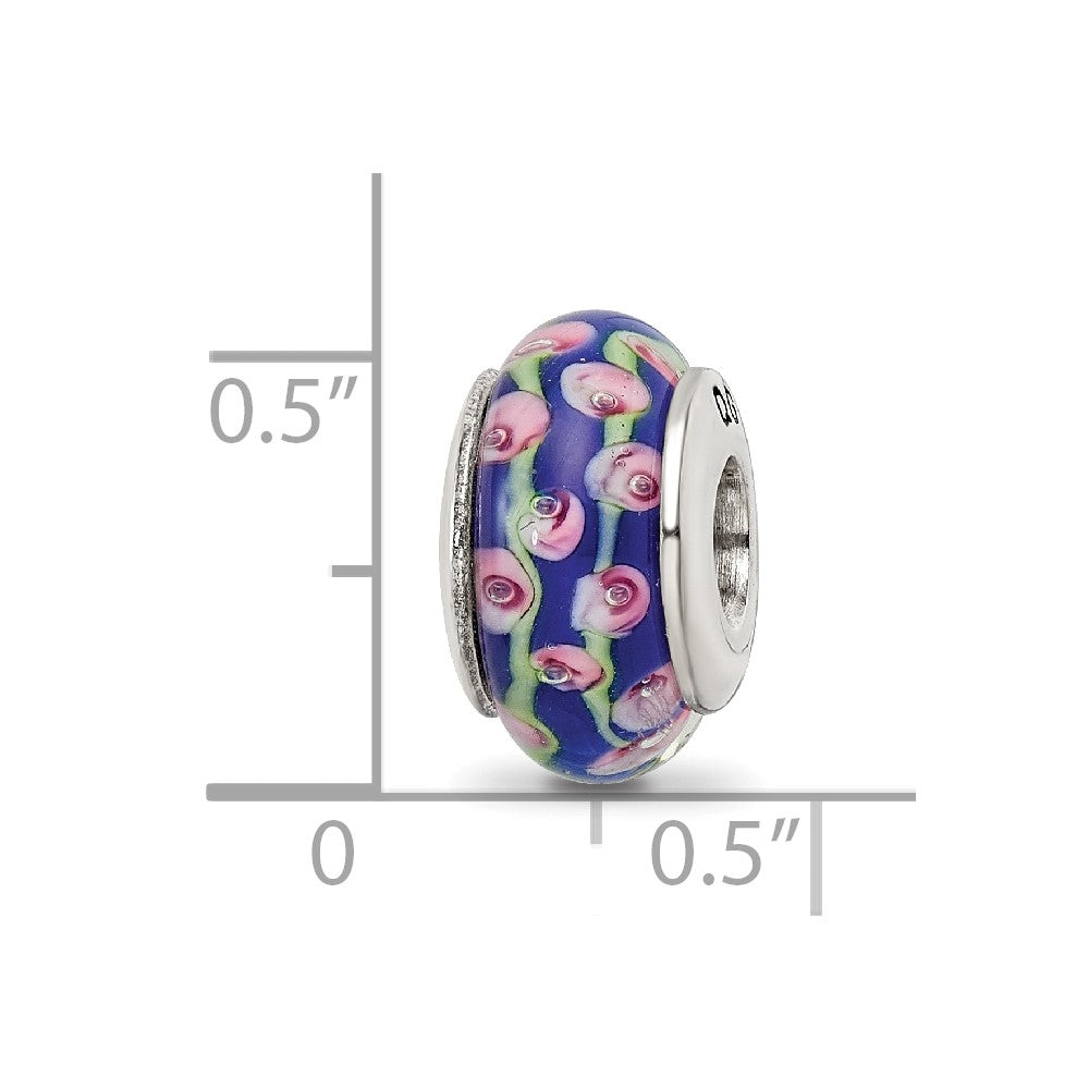 Sterling Silver Reflections Blue Floral Hand-blown Glass Bead