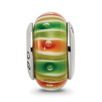 Sterling Silver Reflections Green/Orange Hand-blown Glass Bead