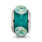 Sterling Silver Reflections Blueish Green Floral Hand-blown Glass Bead