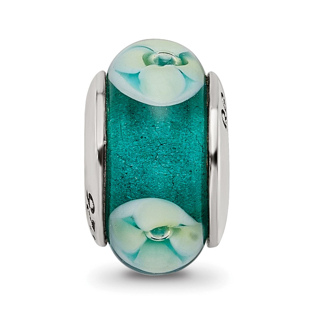 Sterling Silver Reflections Blueish Green Floral Hand-blown Glass Bead