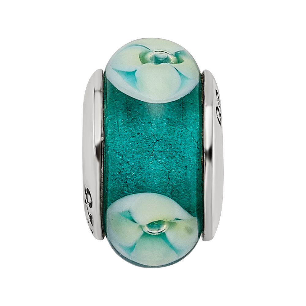 Sterling Silver Reflections Blueish Green Floral Hand-blown Glass Bead