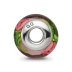 Kids Collection Sterling Silver Hand-blown Pink with Flower Pattern Glass Reflections Bead