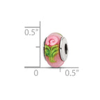 Kids Collection Sterling Silver Hand-blown Pink with Flower Pattern Glass Reflections Bead