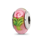 Kids Collection Sterling Silver Hand-blown Pink with Flower Pattern Glass Reflections Bead