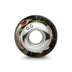 Kids Collection Sterling Silver Hand-blown Black with Floral Pattern Glass Reflections Bead