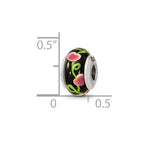 Kids Collection Sterling Silver Hand-blown Black with Floral Pattern Glass Reflections Bead