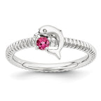 Sterling Silver Stack Exp Pink Tourmaline & Diamond Dolphin Ring