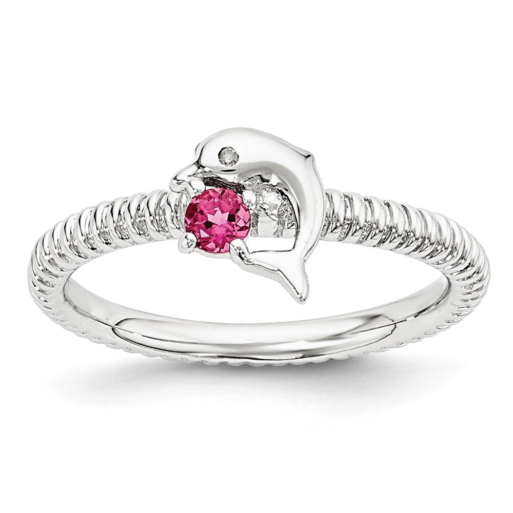 Sterling Silver Stack Exp Pink Tourmaline & Diamond Dolphin Ring