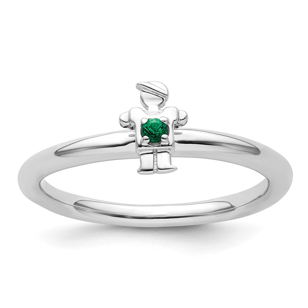 Sterling Silver Stackable Expressions Rhodium Cr. Emerald Boy Ring