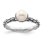 Sterling Silver Stack Exp. Polished Patterned White FW Cultured Pearl Ring