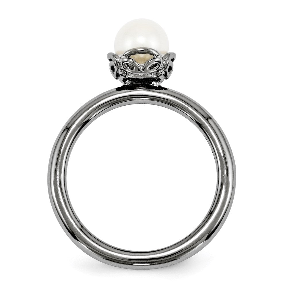 Sterling Silver Stack Exp. White FW Cultured Pearl Black-plate Ring
