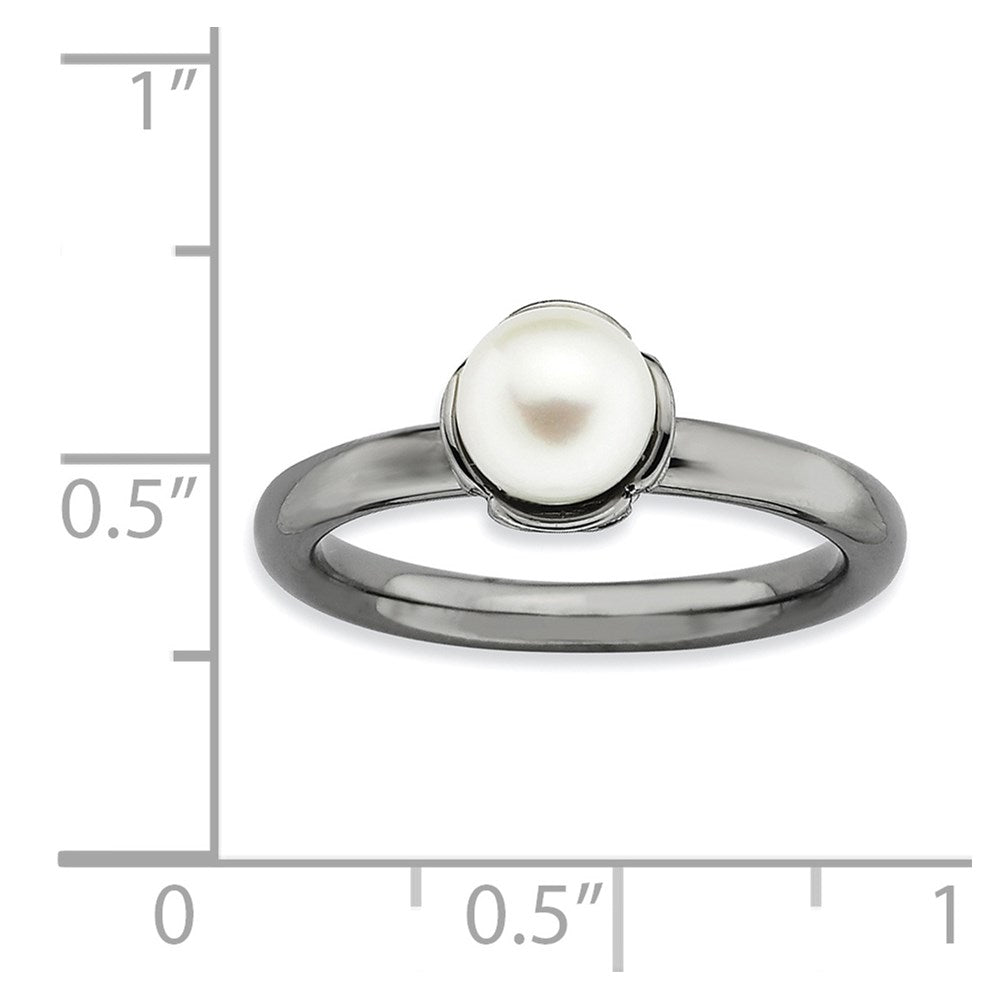 Sterling Silver Stack Exp. White FW Cultured Pearl Black-plate Ring