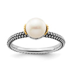 Sterling Silver & 14k Stack Exp. 7.0-7.5mm White FW Cultured Pearl Ring