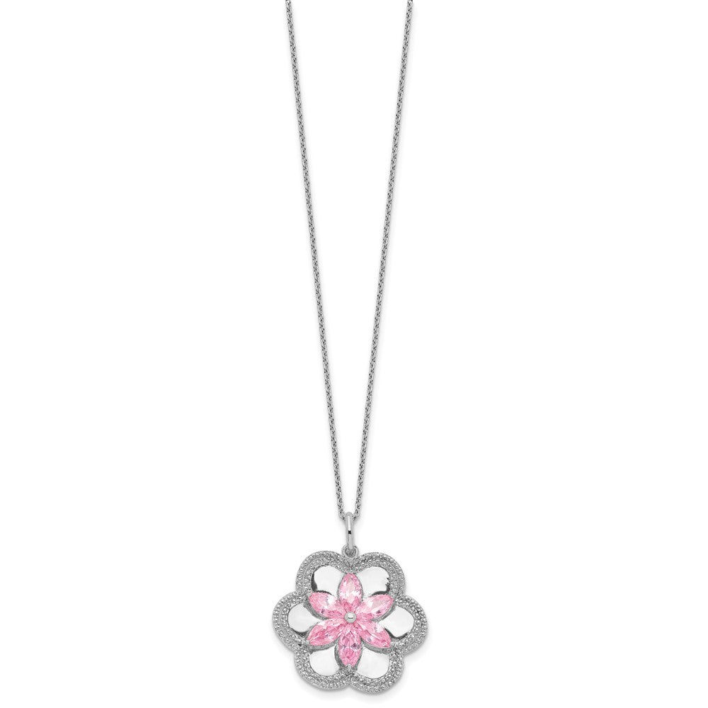 Sentimental Expressions Sterling Silver Rhodium-plated CZ Pretty in Pink Flower 18 Inch Necklace